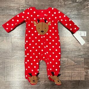 NEW Carters Reindeer Polka Dot Christmas Fleece Footie Pajamas Size 3 Months